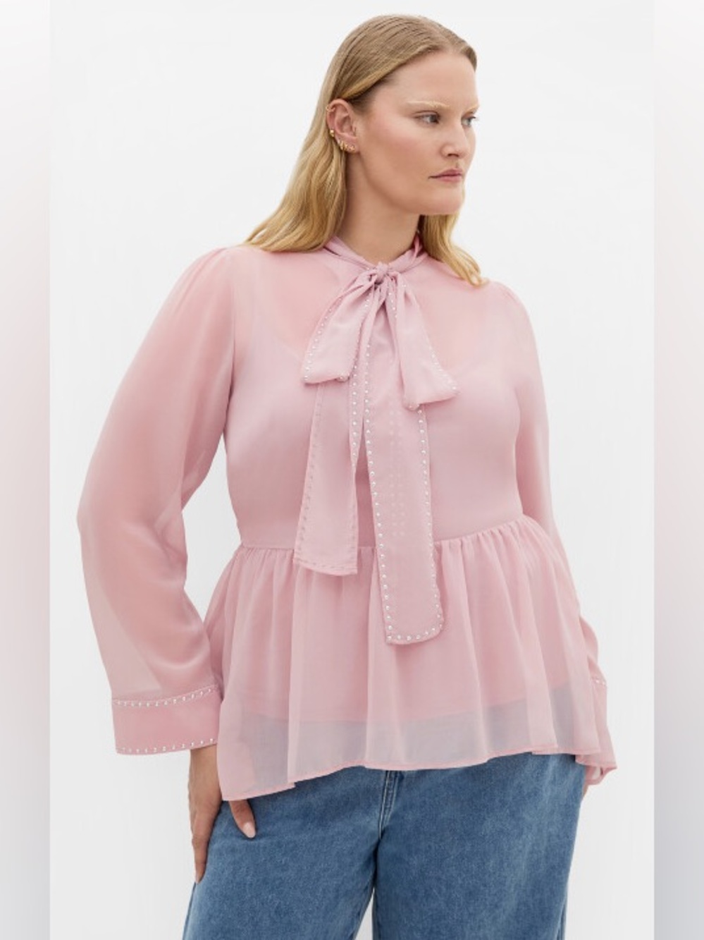 City Chic Soft Pink Tie-Neck Sheer Peplum Blouse